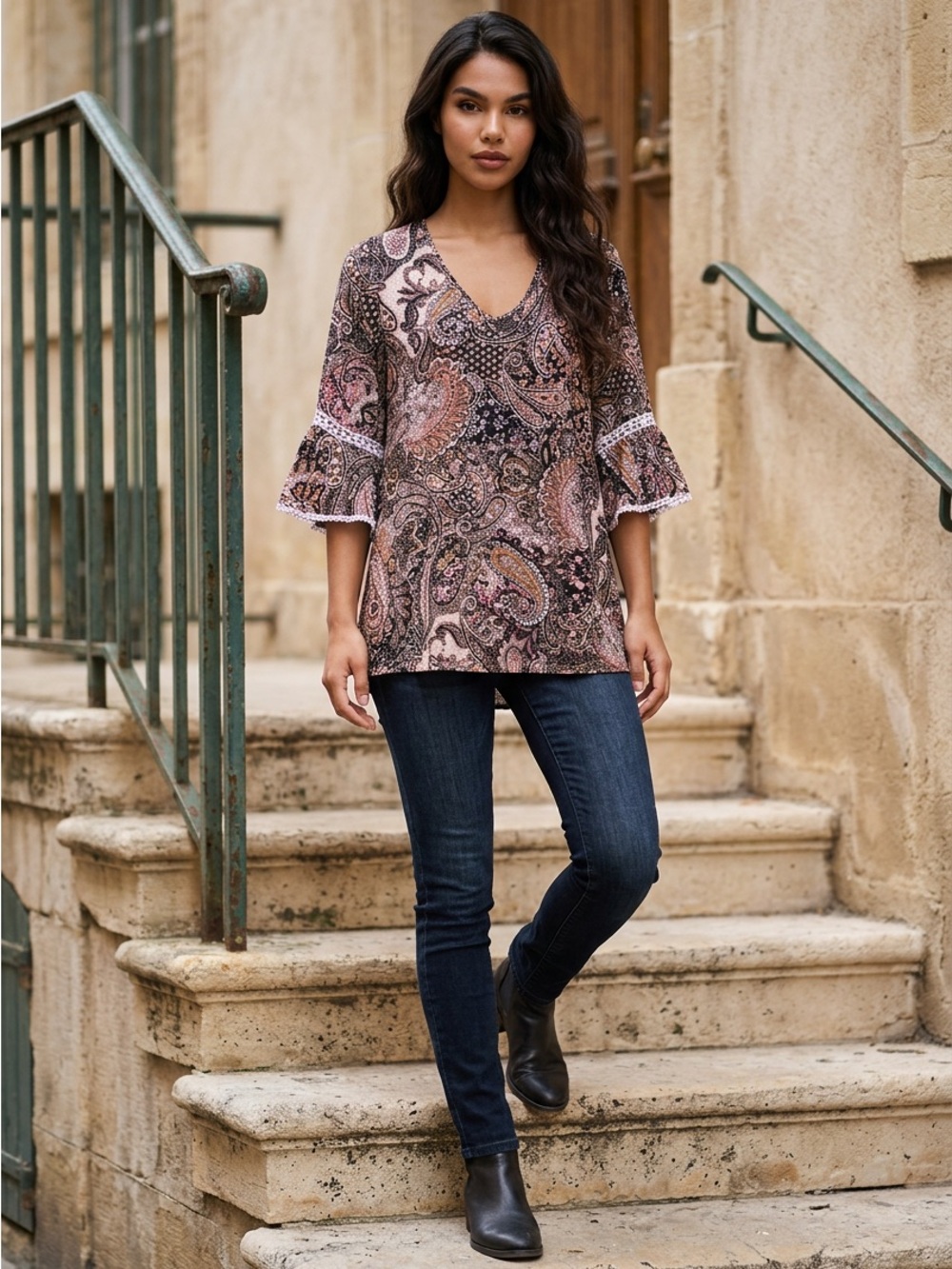 Stem Vine Pink Paisley V-Neck Bell-Sleeve Tunic